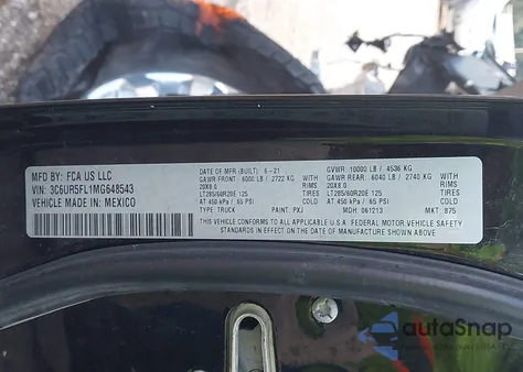 2021 Ram 2500 Laramie 4X4 6'4 Box из США, поврежденный, VIN 3C6UR5FL1MG648543